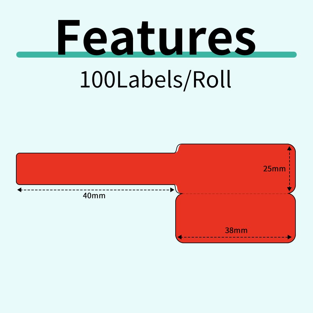 Phomemo-labels - M110 M120 M200 M220 M221-labels, kleverige sieradenlabels, waterdichte kabellabels, prijslabels, thermische labels, 25 mm * 38 mm + 40 mm, 100 labels / rol, rood