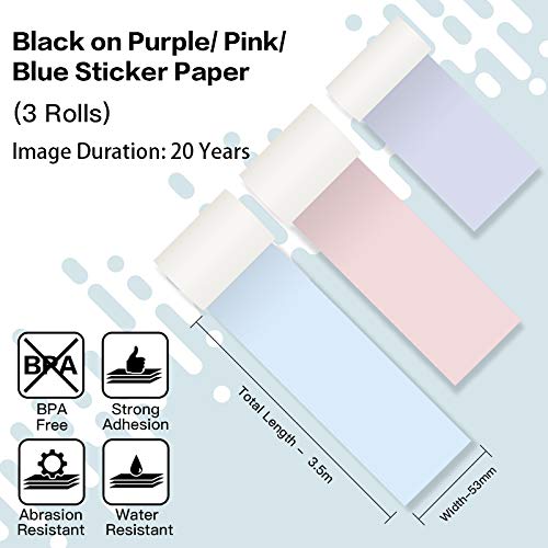 Phomemo Colorful Thermal Sticker Paper M02/M02 Pro/M02S/M03 Pocket Printer, Black Character on Purpple/Pink/Blue, 50mm x 3.5m, Diameter 30mm, 3 Rolls