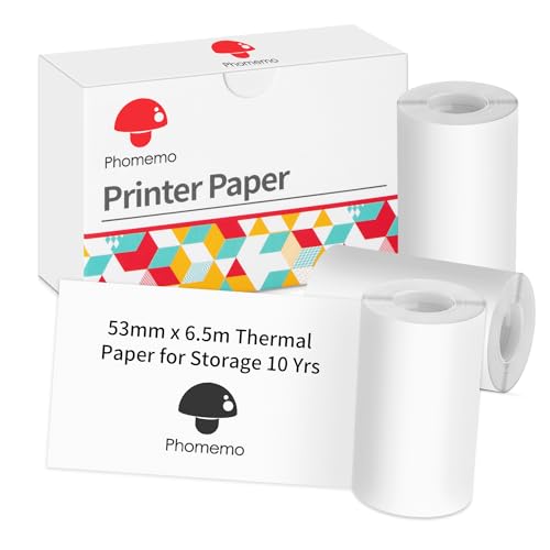 Phomemo Papier Thermique Imprimable 3 Rouleaux, Papier de 53 mm Compatible avec Les Imprimantes D'étiquettes Thermiques Phomemo M832/M834/M03/M04S/M04AS, 6.5 M/Rouleau