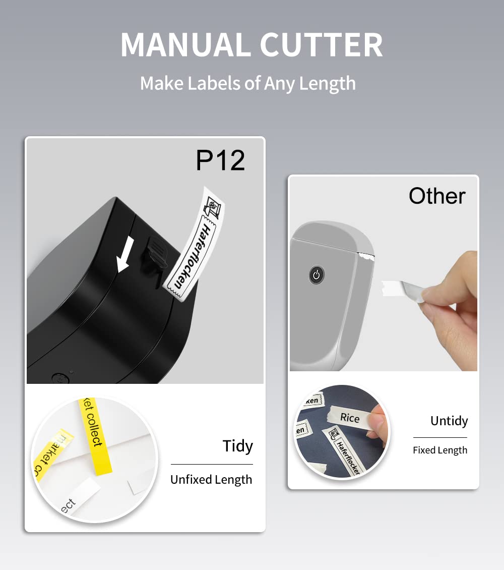 Phomemo P12 Mini Bluetooth labelmaker thermo-labelapparaat, draagbaar etiketteerapparaat, zelfklevend, compatibel met iOS en Android telefoon, draagbare labelprinter voor thuis en op kantoor, zwart