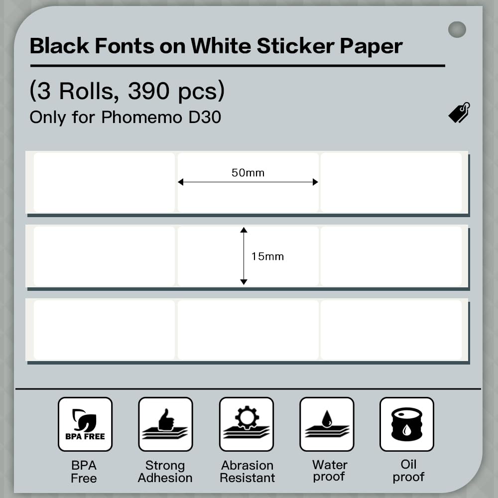 Phomemo D30 D30Pro - Rotolo di carta per stampante termica, impermeabile, resistente all'olio, 15 x 50 mm, bianco per stampante Bluetooth Compact Mobile, 3 rotoli