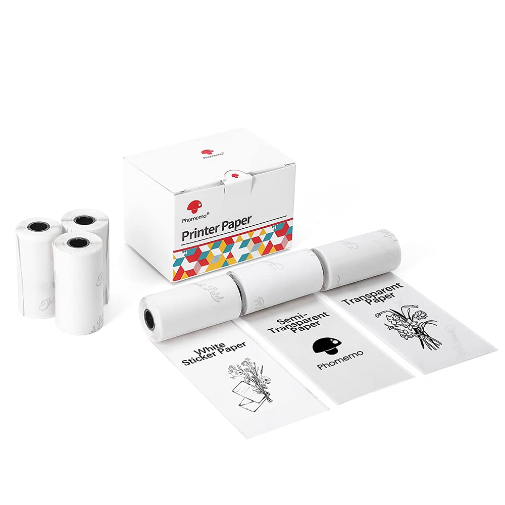Phomemo 53mm Papier f¨¹r M02,M02S,M02PRO,M03,M03AS,M04S,M04AS - 6 Rollen, 2 x Wei?es Papier, 2 x Transparentes Papier, 2 x Halbtransparent, Schwarzer Druck
