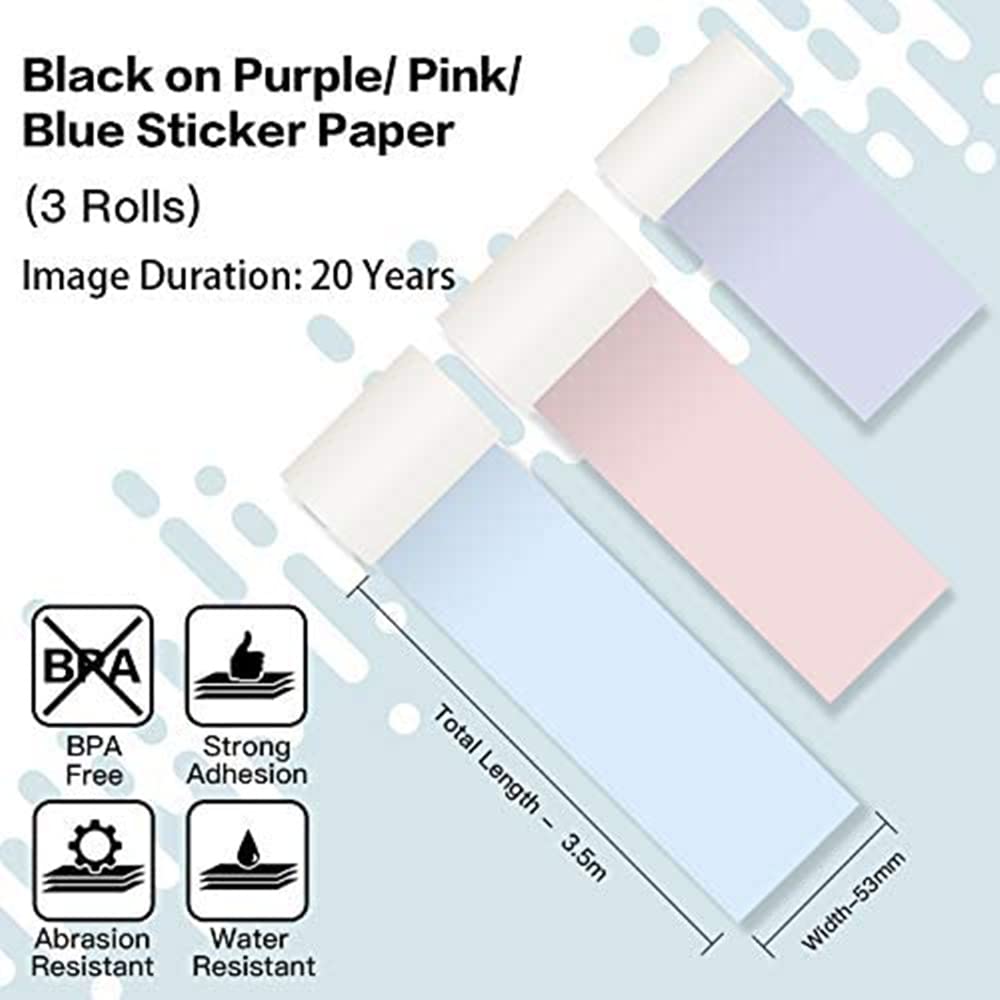 Phomemo Papel Térmico Autoadhesivo, Rosa Claro, Morado Claro, Azul, para Impresora Térmica Portátil Phomemo M02, M02PRO, M02S, M03, M03AS, M04S, M04AS, 53 mm x 3,5 mm, 3 Rollos