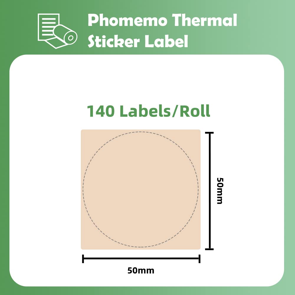 Phomemo - Etichette rotonde per stampante termica M110, M120, M200, M220, M221 per stampare prezzo, nome, indirizzo, logo, codice a barre, 50 x 50 mm, colore: cachi (1 rotolo)