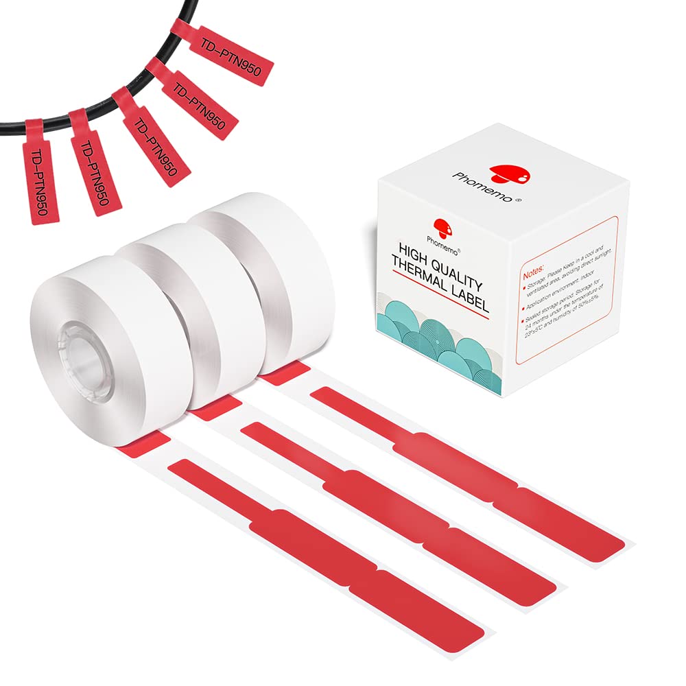 Papel t¨¦rmico Phomemo D30 - Etiquetas autoadhesivas rojas para cables, alambres, joyer¨ªa, para reventa de negocios, supermercado, compatible con Phomemo D30, 12,5 x 74 cm, 3 rollos