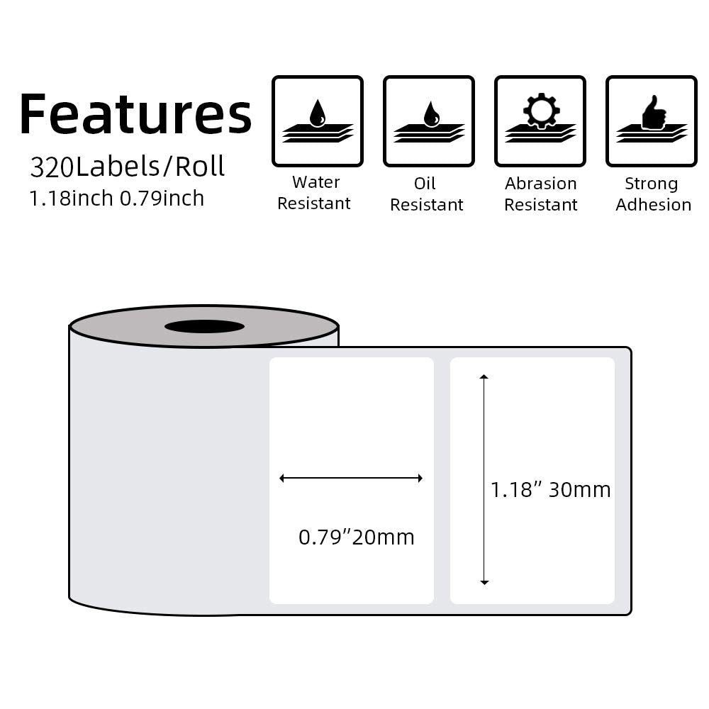 Multi-Purpose Square Self-Adhesive Label for Phomemo M110/M200 Label Printer,1.18'' x 0.79'' (30x20mm), 320 Labels/Roll, Black on White