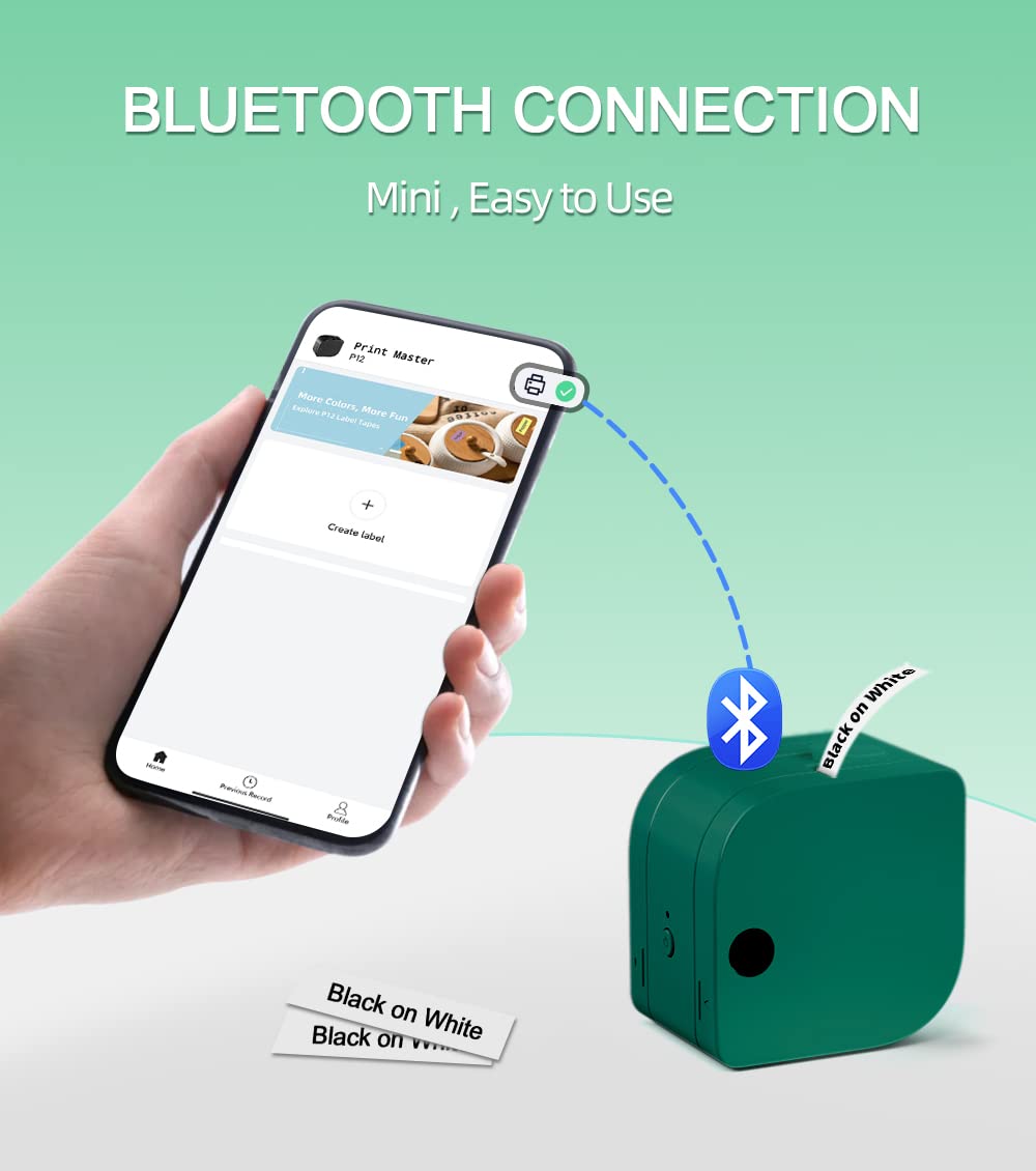 Phomemo P12 Mini étiqueteuse Bluetooth avec 5 rubans d'étiquettes, étiqueteuse thermique autocollante, imprimante d'étiquettes pour la maison, le bureau, pour iOS et Android, vert foncé