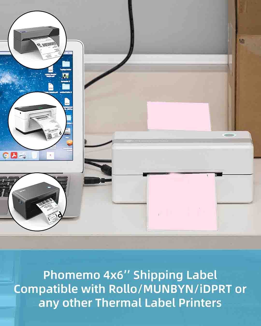 Phomemo Thermal Direct Shipping etiket, 500/Direct Thermo verzendlabels, 4 x 6 stickerpapier voor verzendverpakkingen, compatibel met thermische labelprinters, 500/thermische vouwetiketten (lichtroze)