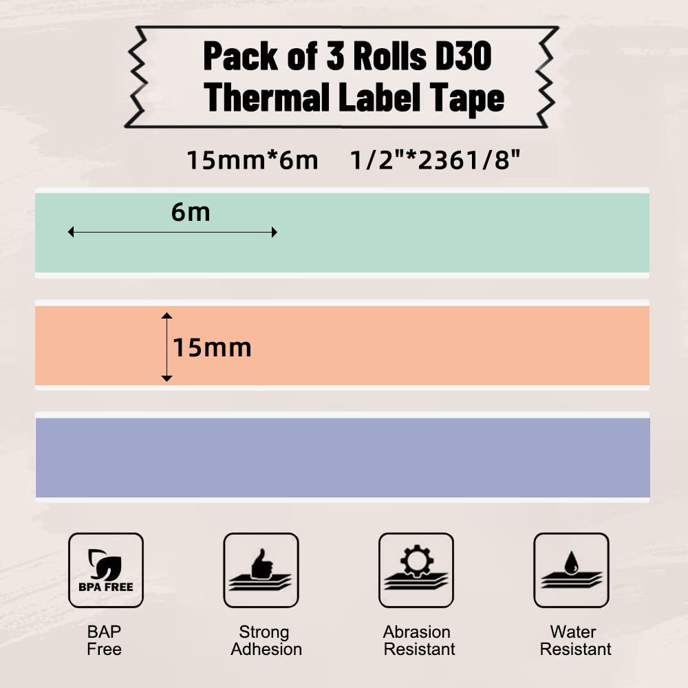 Phomemo D30 Label Maker Continuous Label Tape, Black on Mint Green, Light Orange, Lavender Purple Long Sticker Thermal Paper Self-Adhesive Label Tape, 15 x 6m (19/32 x 2367/32) Long Tape, 3 Rolls