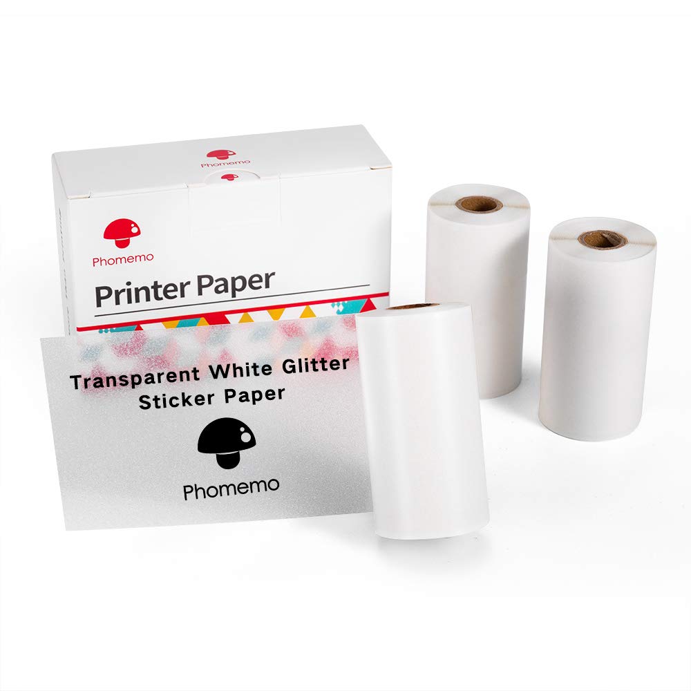 Phomemo Papier, bia?y b?yszcz?cy przezroczysty papier samoprzylepny do drukarek termicznych T02, M02, M02PRO, M02S, M03, M03AS, M04S, M04AS do zdj??, scrapbookingu, naklejek, 53 mm x 3,5 m, 3 rolki