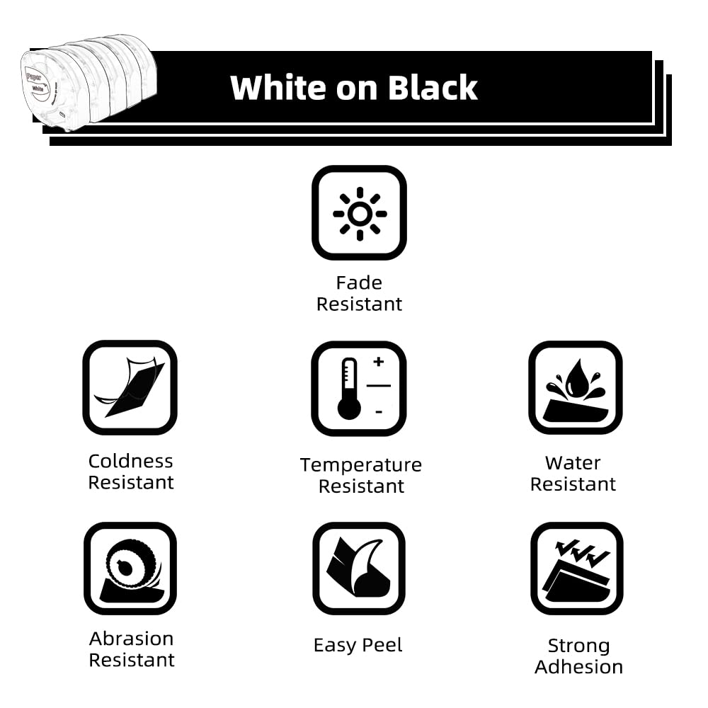 3 x Phomemo P12 & P12-Pro Original Thermal Transfer Labels White on Black, 12mmx4m, Q5-335, Durable, Heat Resistant, Adhesive for Phomemo P12 & P12-Pro Label Printer and Compatible with Dymo LetraTag
