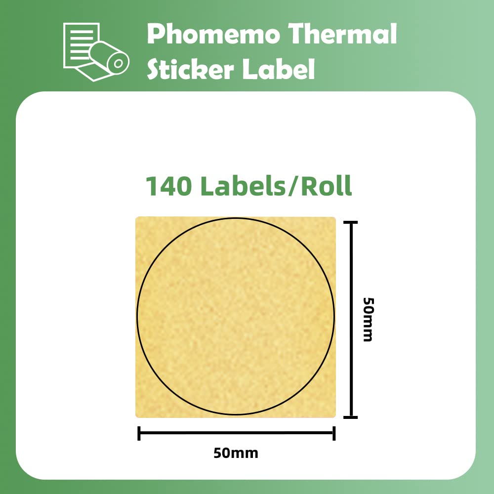Phomemo - Étiquettes thermiques rondes - M110 M120 M200 M220 M221 - Étiquettes thermiques pour prix, nom, adresse, logo, code-barres, 50 mm x 50 mm, doré - 1 rouleau