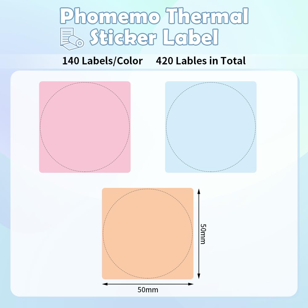 Phomemo thermische printer-etiketten voor prijs, naam, adres, logo, streepjescode, 50 mm x 50 mm, veelkleurig verloop (3 rollen), geschikt voor de M110 M120 M200 M220 en M221