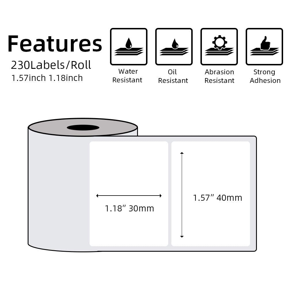 Phomemo 1.57''x1.18''(40x30mm) Label, 6 Rolls M110/M110S/M120/M200/M220 Thermal Paper - Multi-Purpose Square Self-Adhesive Label, 230 Labels/Roll, Black on White
