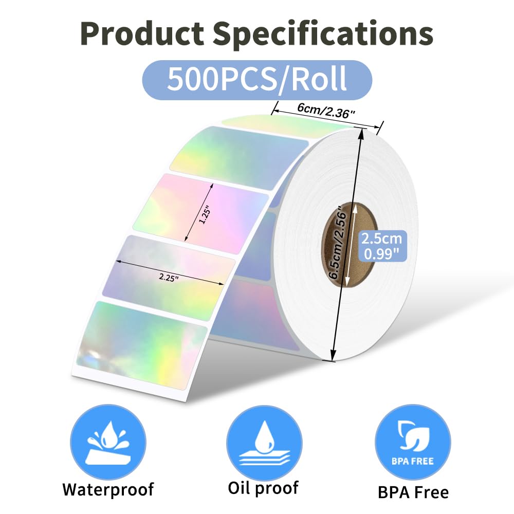 Phomemo 2.25 * 1.25 Holographic Silver Thermal Labels, Self-Adhesive Sticker Label, Square Direct Thermal Label for Thanks Card, Logo, Name, Price, Address, QR Code, 500 Labels, Laser Multicolor