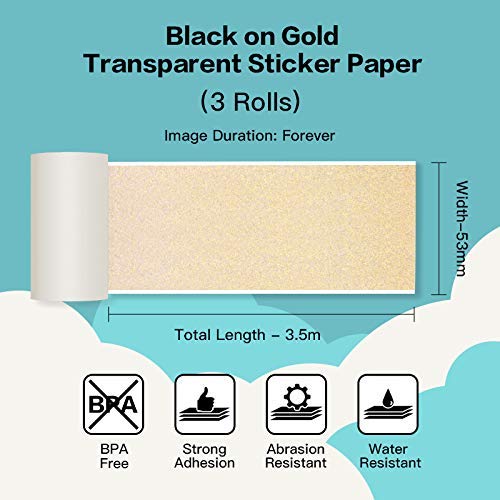 Phomemo Adhesive Transparent Gold Thermal Film Self-Adhesive Sticker Roll Paper for Phomemo M02 / M02S / M03 / M04S Portable Mini Bluetooth Printer, 53mm x 3.5m, 3 Rolls