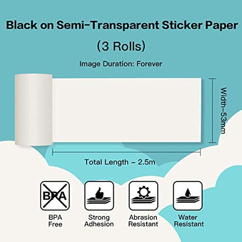 Phomemo Semi-Transparent Sticker Thermal Paper, Self-Adhesive for for Phomemo-M02/M02S Mini Bluetooth Pocket Printer,53mm x 2.5m, Diameter 30mm, 3 Rolls
