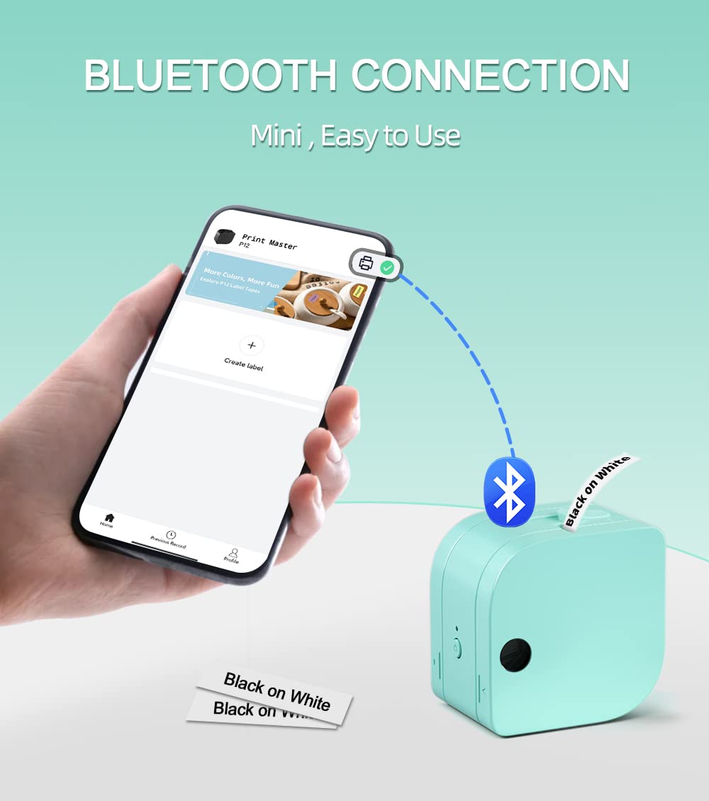 Phomemo R?czne urz?dzenie do etykietowania P12 Mini Bluetooth z ta?m? do etykiet | termiczna drukarka etykiet do domu i biura | przeno?na drukarka etykiet do systemu Android i iOS, turkusowa
