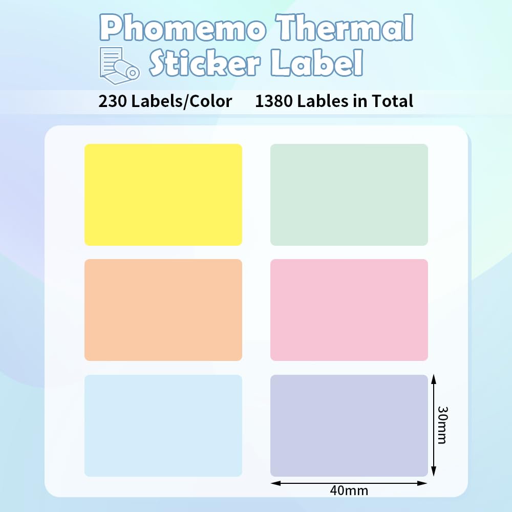 Phomemo Rectangular Thermal Labels, 40mm*30mm, 230/Roll, 6 Rolls, for M110 M120 M200 M220 M221 Label Maker