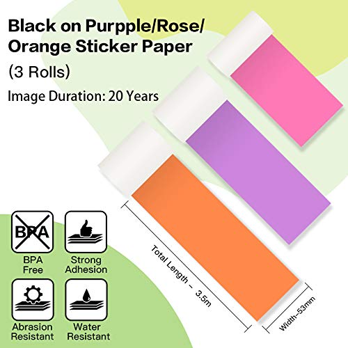 Phomemo Colorful Thermal Sticker Paper for Phomemo M02/M02 Pro/M02S/M03 Mini Printer, Black Character on Purpple/Rose/Orange, 50mm x 3.5m, Diameter 30mm, 3 Rolls