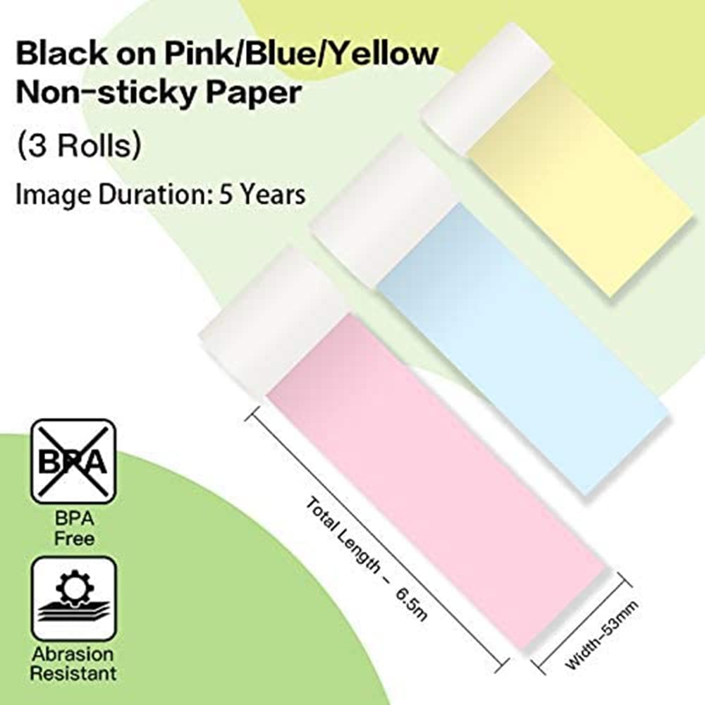Phomemo Papel T¨¦rmico No Adhesivo Multicolor para Impresora de Bolsillo Phomemo M02, M02PRO, M02S, M03, M03AS, M04S, M04AS, Amarillo/Azul/Rosa, 53 mm x 6,5 m, 3 Rollos