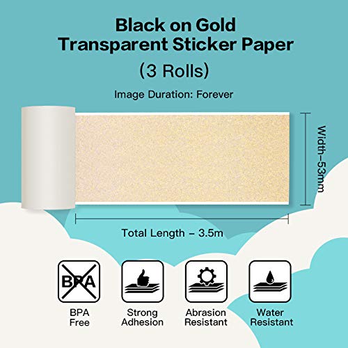 Phomemo Adhesive Transparent Gold Thermal Paper for Phomemo M02/M02 Pro/M02S/M03 Mini Pocket Printer 50mm x 3.5m, Diameter 30mm, 3 Rolls