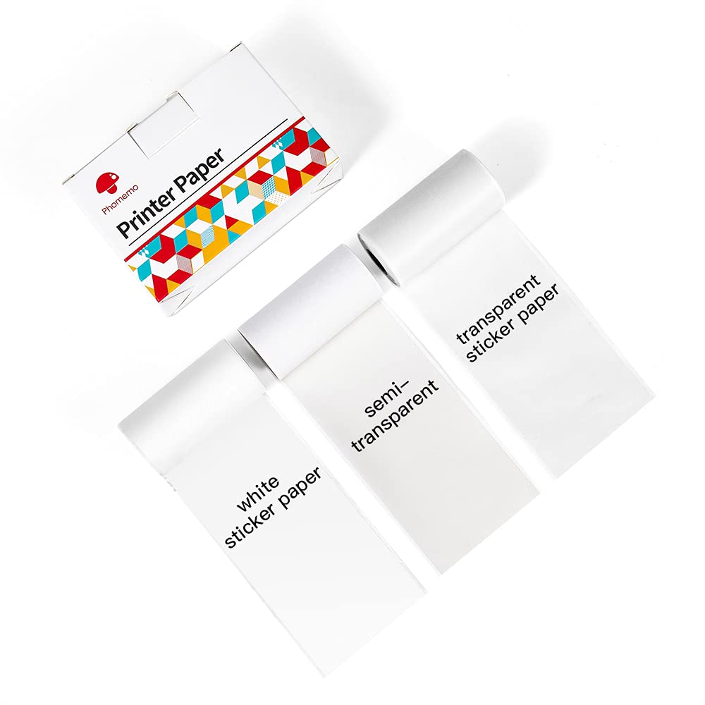 Phomemo Adhesive Thermal Sticker Paper, White/Transparent/Semi-Transparent Thermal Printer, for Phomemo M02/M02 Pro/M02S/M03 Bluetooth Thermal Pocket Printer, 50mm-53mm Width, 2.5m-3.5m Length