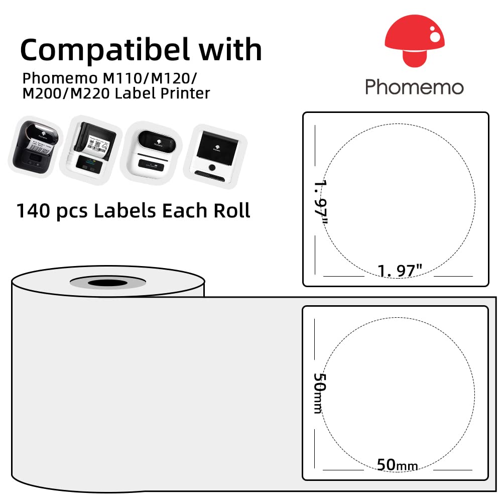 Phomemo 50x50mm Etiquettes thermiques directes rondes pour Phomemo M110 M120 M220 M221, utilisées pour l'impression de logos, le marquage d'articles ménagers, etc.