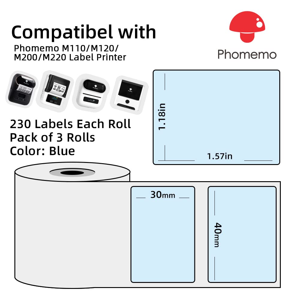 3 Rolls of Phomemo m110 Label 1.57''x1.18'' (40x30mm) Blue Self-Adhesive Direct Thermal Labels, Thermal Label Paper for Phomemo M110/M120/M220/M200/M221 Label Maker, for Barcode, Address, Price etc.