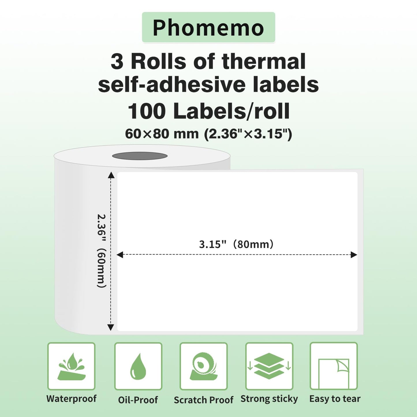 3 rolki etykiet Phomemo M200, 3 rolki 60 ¡Á 80 mm, samoprzylepne okr?g?e etykiety, kompatybilne z drukarkami etykiet Phomemo M200, M220, M221, etykiet towarowych, 3 rolki 100 etykiet / rolka.