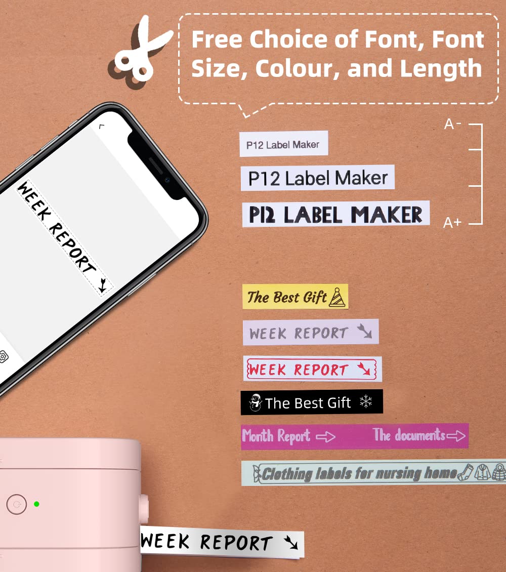 Phomemo P12-Pro Mini drukarka etykiet z Bluetooth, ?adowanie przez USB, samoprzylepna, drukarka etykiet do biura, domu, bezprzewodowa drukarka etykiet dla iOS i Android, r¨®?owa