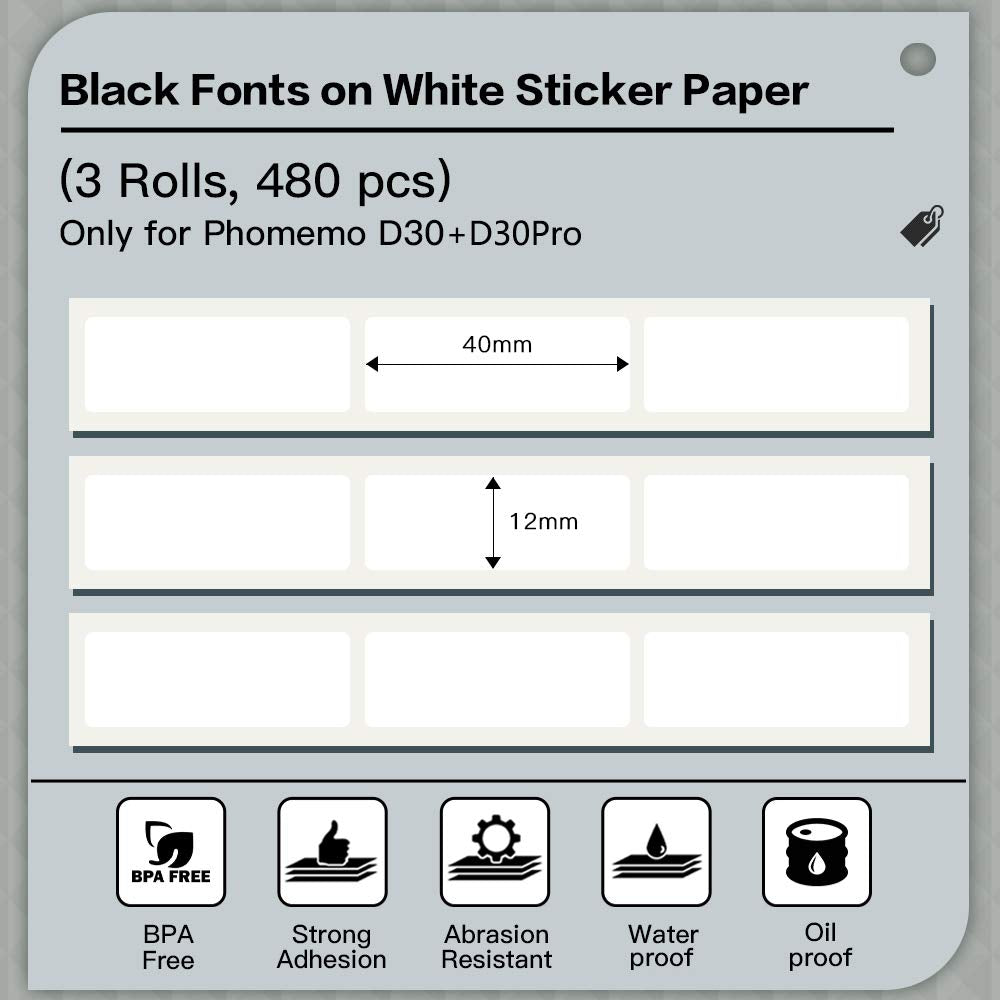 Phomemo D30 - Etiquetas t¨¦rmicas adhesivas blancas, 12 x 40 mm, 3 rollos