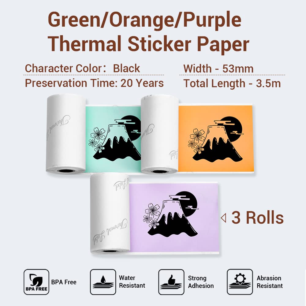 Phomemo 53mm Thermopapier Farbe f¨¹r M02/M02S/M02Pro/M03/M03AS/M04S/M04AS Mini Taschendrucker, 3 Rollen selbstklebendes Farbaufkleberpapier, 53 mm x 3,5 m, 20 Jahre Konservierung, Lila/Gr¨¹n/Orange