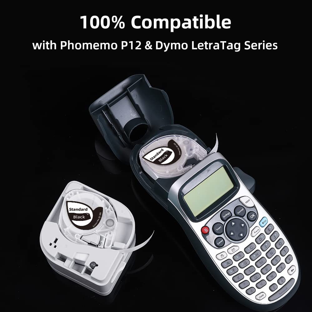 3 x Phomemo P12 & P12-Pro Original Thermal Transfer Labels White on Black, 12mmx4m, Q5-335, Durable, Heat Resistant, Adhesive for Phomemo P12 & P12-Pro Label Printer and Compatible with Dymo LetraTag