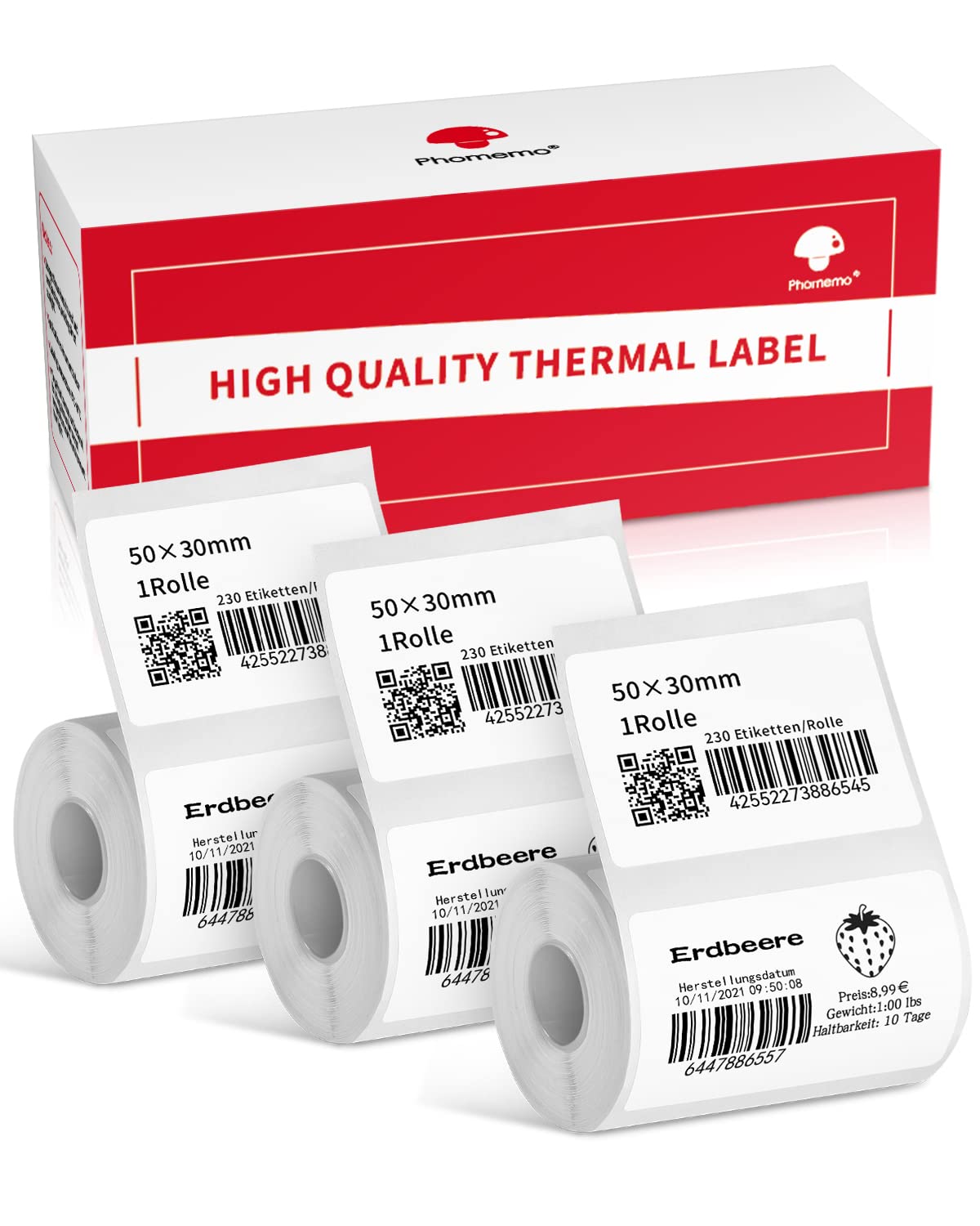 Phomemo 3 rollen labelpapier voor M120/M220/M110/M200/M221 labelmaker machine, multifunctioneel zelfklevend label voor barcode, naam, prijs, adres enz., 50 x 30 mm, totaal 3 rollen