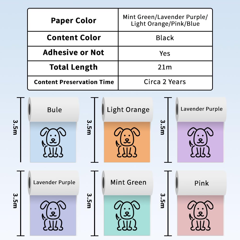 Phomemo Printerpapier, set van 6 stuks, zelfklevend, mintgroen, blauw, lichtoranje, lavendelpaars, roze thermisch printerpapier voor Phomemo M02PRO, T02, M02, M02S, M03, M03AS, M04S