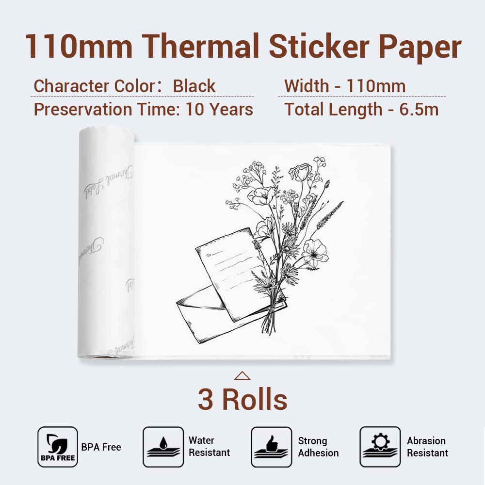 Phomemo 110mm White Self Adhesive Thermal Decal Paper, Compatible with Phomemo M04S/M04AS Wireless Mobile Phone Printer, 110mm x 3.5m (4.33in x 138in), for Magazines, Education, 3 Rolls