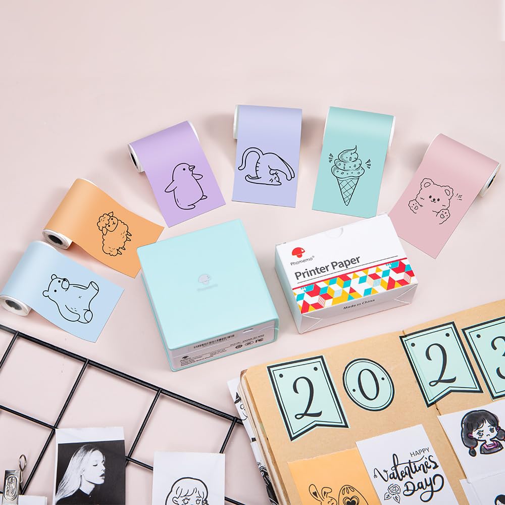 Phomemo Printerpapier, set van 6 stuks, zelfklevend, mintgroen, blauw, lichtoranje, lavendelpaars, roze thermisch printerpapier voor Phomemo M02PRO, T02, M02, M02S, M03, M03AS, M04S