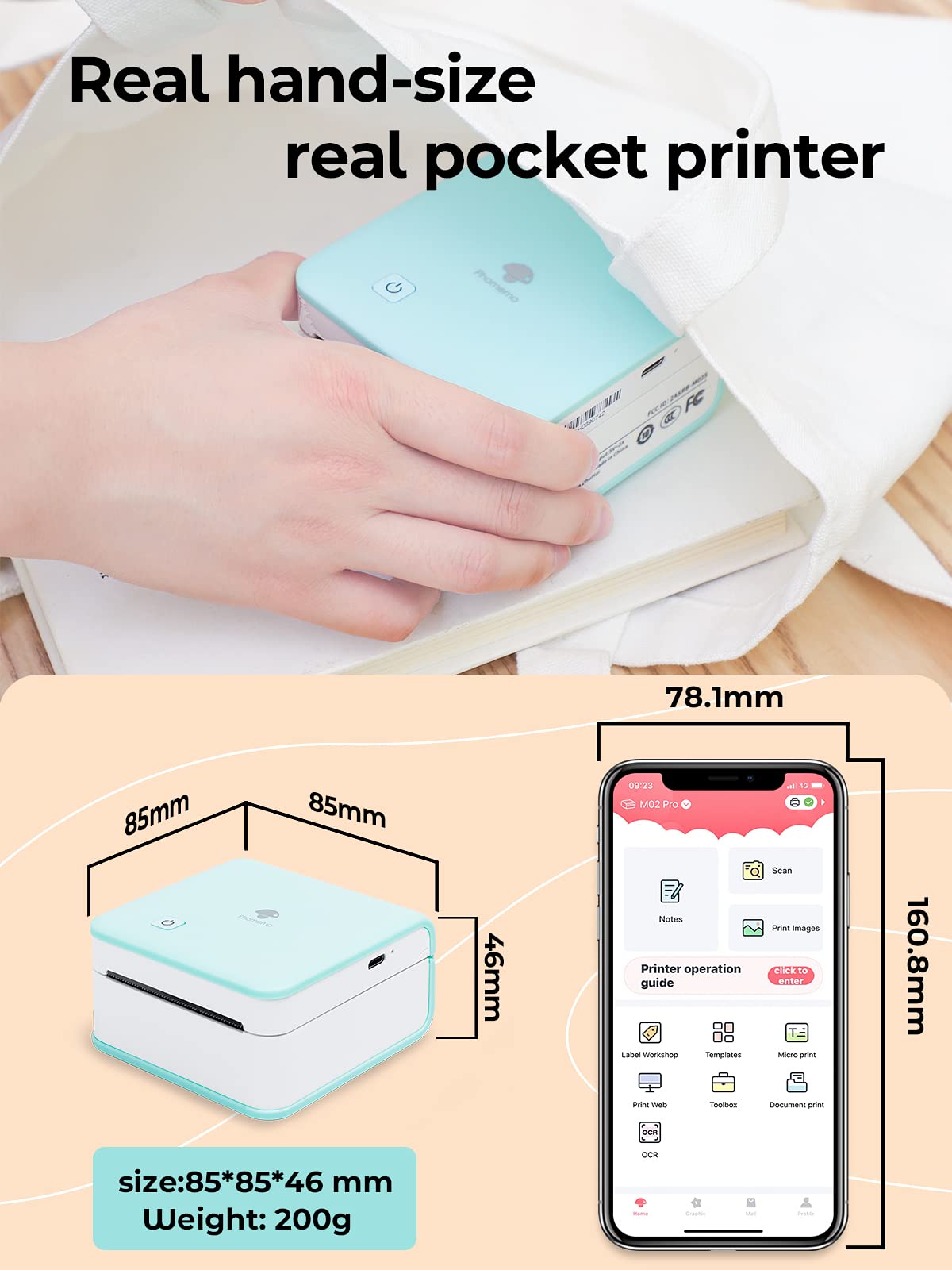Phomemo Pocket Printer, M02 pro 300DPI Portable Mini Bluetooth Photo Printer,Thermal Sticker Printer, Printable width 53mm/25mm/15mm Compatible with Android&IOS, for Study Note, DIY Painting, Green