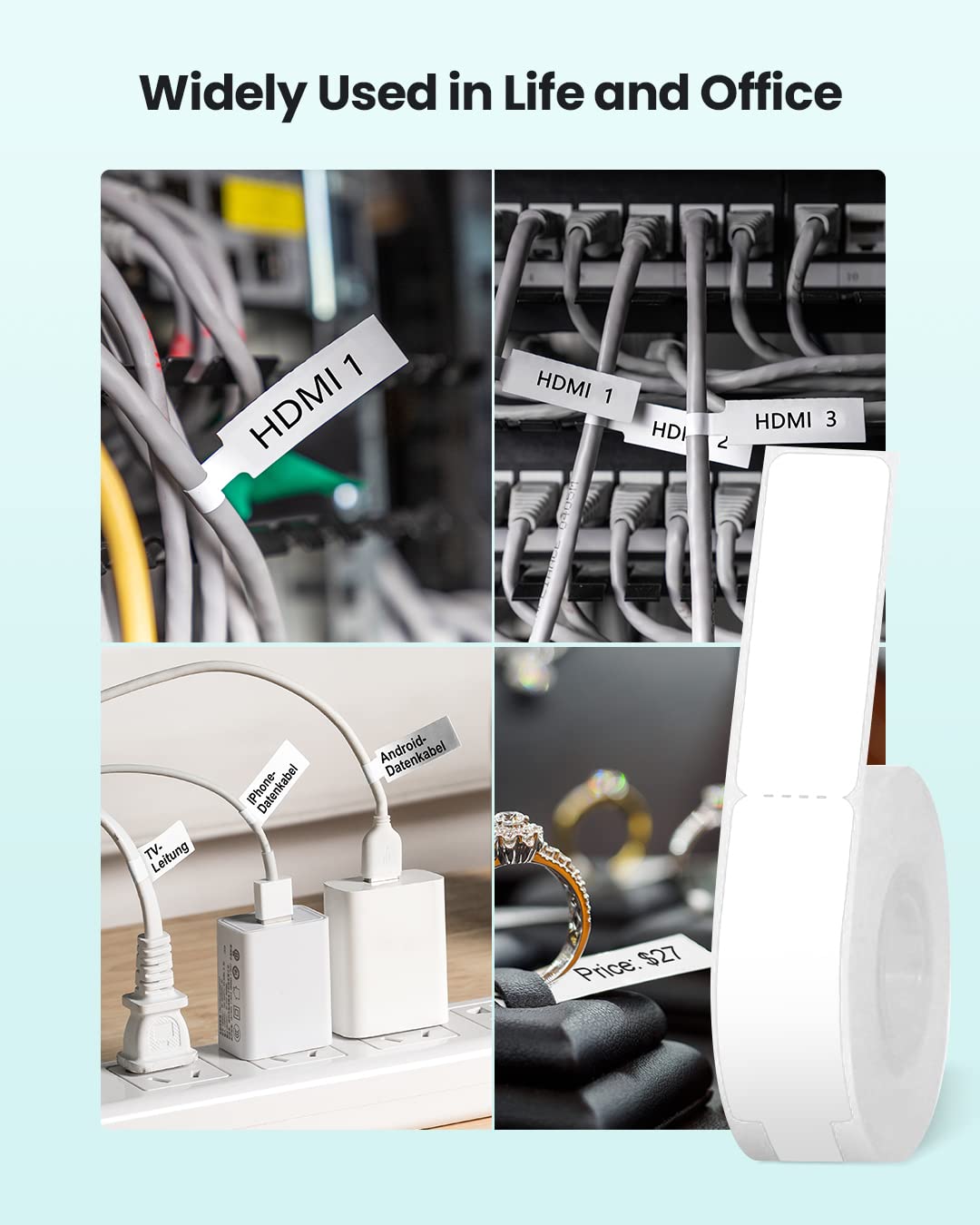 Phomemo D30 Cable Label Combo - Wires Jewelry Label, Self-Adhesive Label Paper for Home, Office, 6 Rolls, (White x 3, Blue x 1, Yellow x 1, Red x 1)
