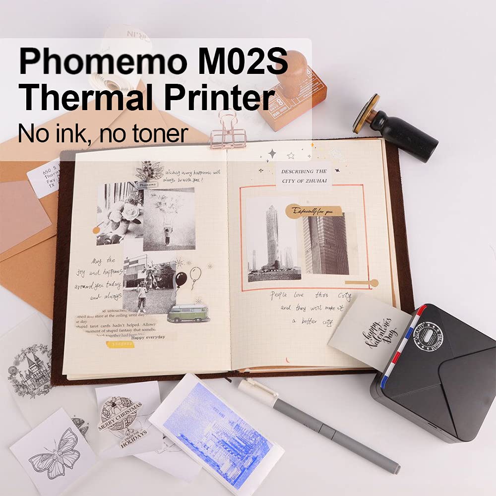 M02S Termal Yaz?c? Kiti - ?arj Edilebilir Pil ile Mini Bluetooth Ta??nabilir 300dpi HD Bask?, G¨¹nl¨¹k Organizasyon Foto?raflar? i?in Uygun, Phomemo iPhone ve Android ile uyumlu, Siyah