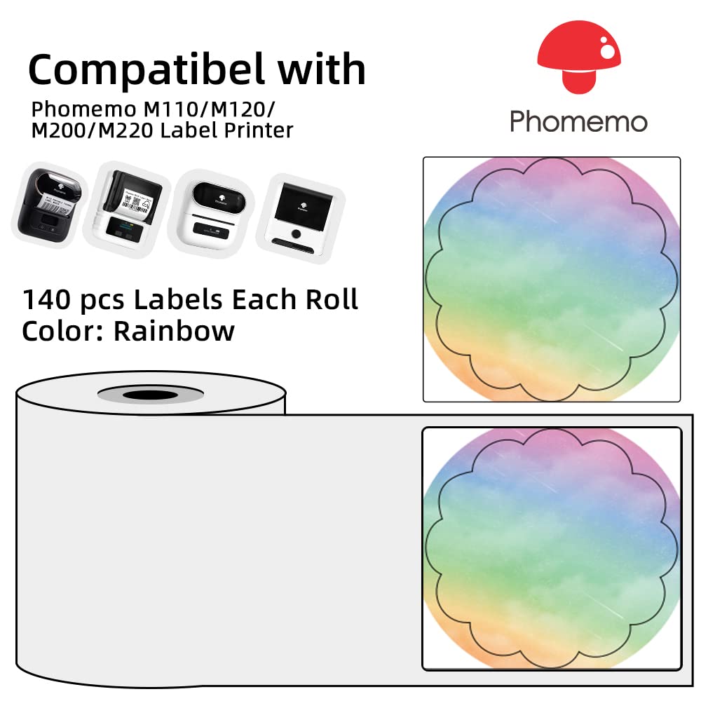 Phomemo Naklejka z logo, 50 x 50 mm, okr?g?y, t?czowy, samoprzylepny, bezpo?redni papier do etykiet Phomemo M110, u?ywany do drukowania logo, oznaczania artyku?¨®w gospodarstwa domowego itp.