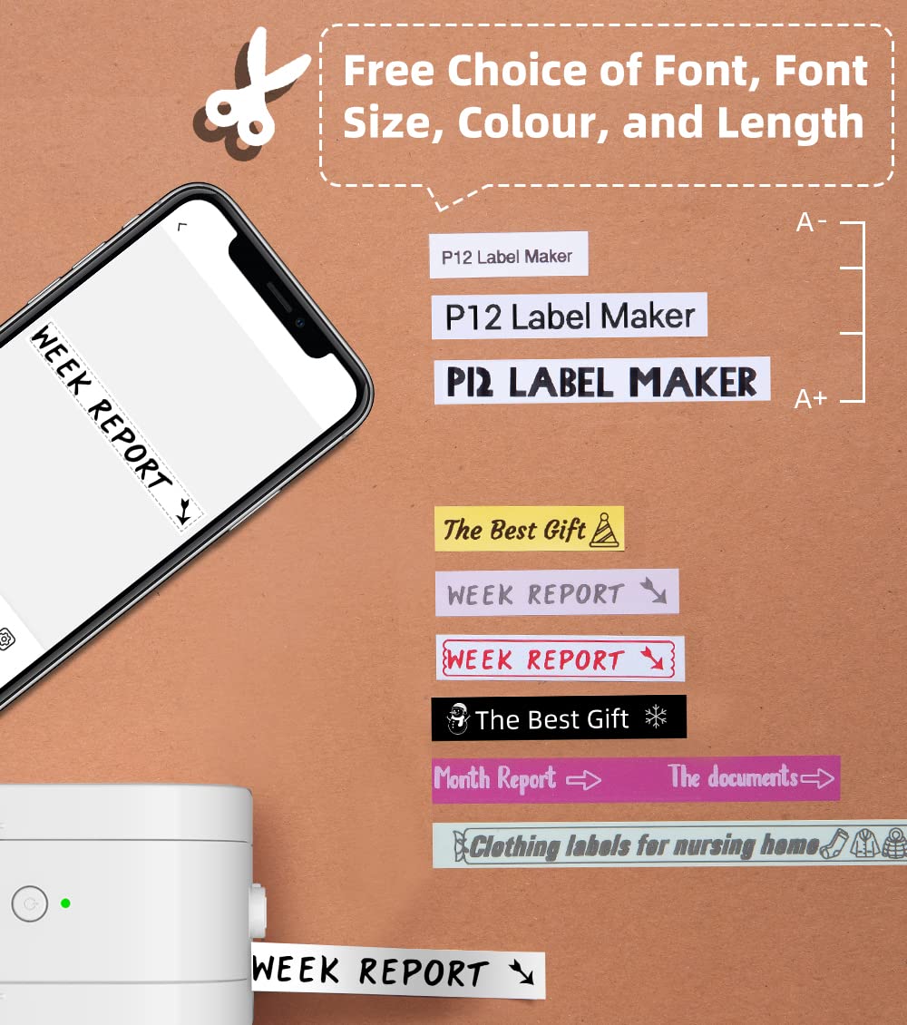 Phomemo P12-Pro Mini drukarka etykietująca z Bluetooth, ładowanie przez USB, drukarka etykiet do domu, biura i małych firm, bezprzewodowa drukarka etykiet do telefonów z systemem iOS i Android..