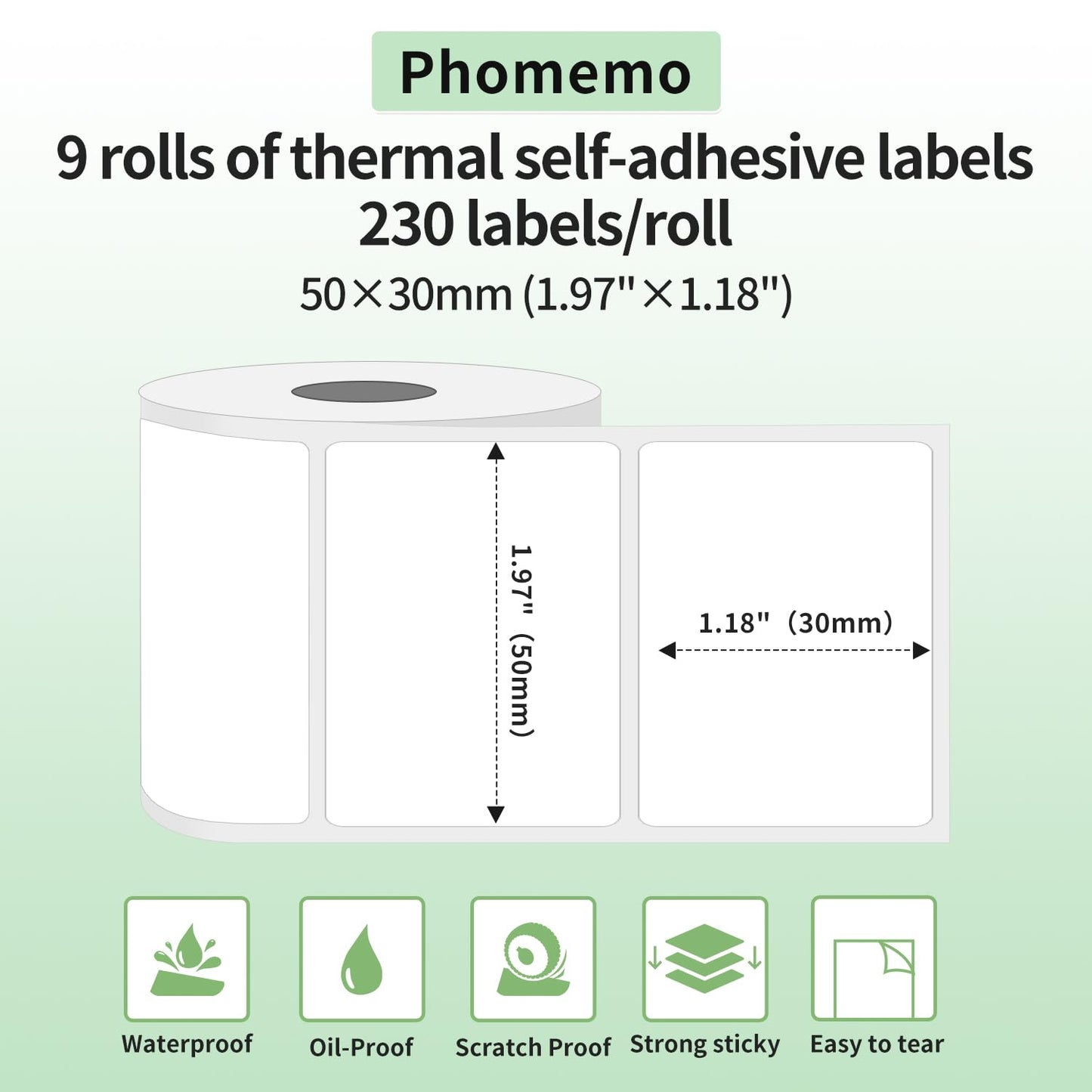 Phomemo 9 rolek etykiet termicznych M110, M110, M220, M221, M120, M200, wielofunkcyjne, 9 rolek 50 x 30 mm, 230 etykiet / rolka, 9 rolek etykiet