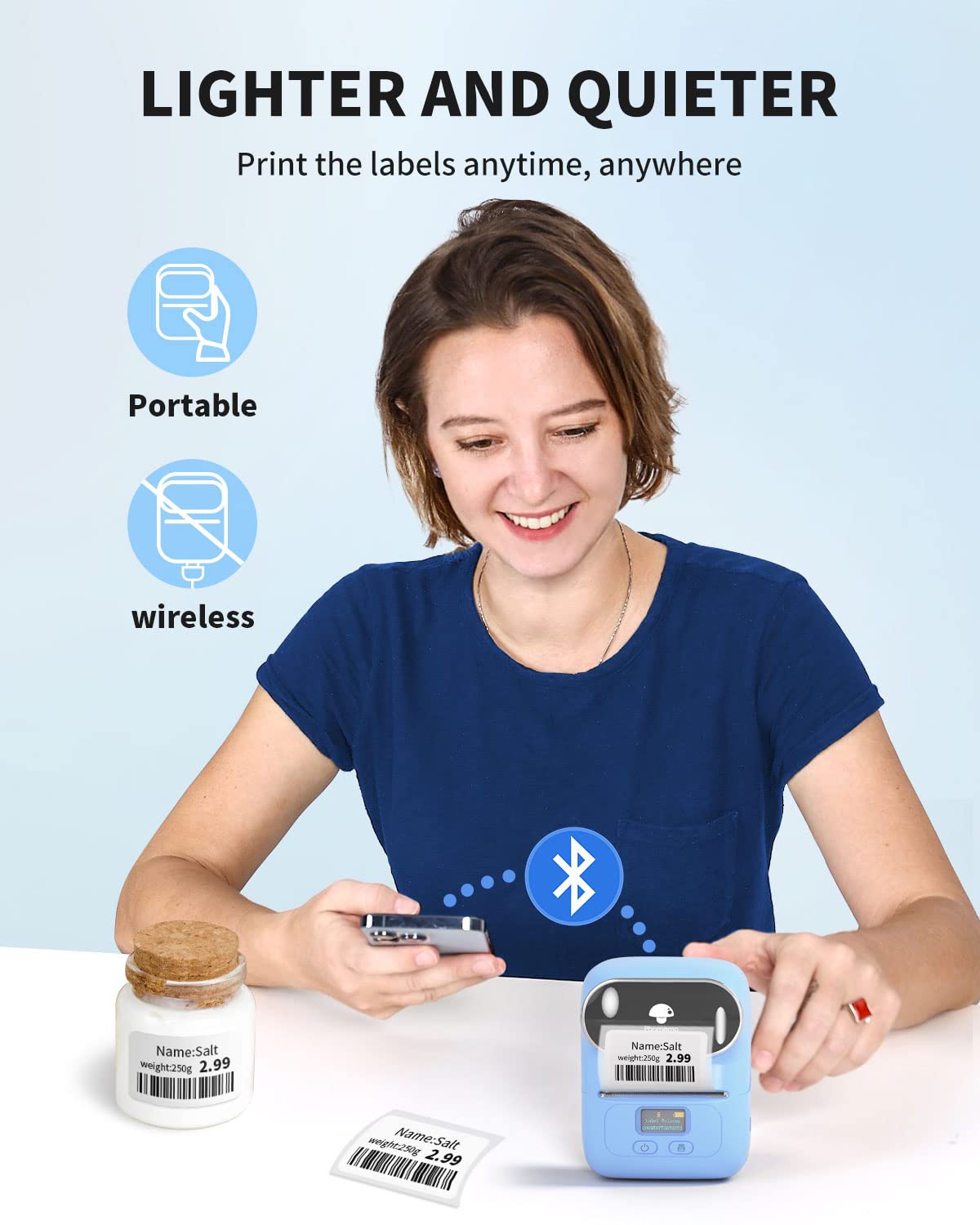 Label Maker Machine with Tape, Label Maker Phomemo M110, Bluetooth Label Printer for Small Business with Multiple Fonts Icons, Inkless Label Maker Small Printer for Office, with 1 Roll 40x30mm Label