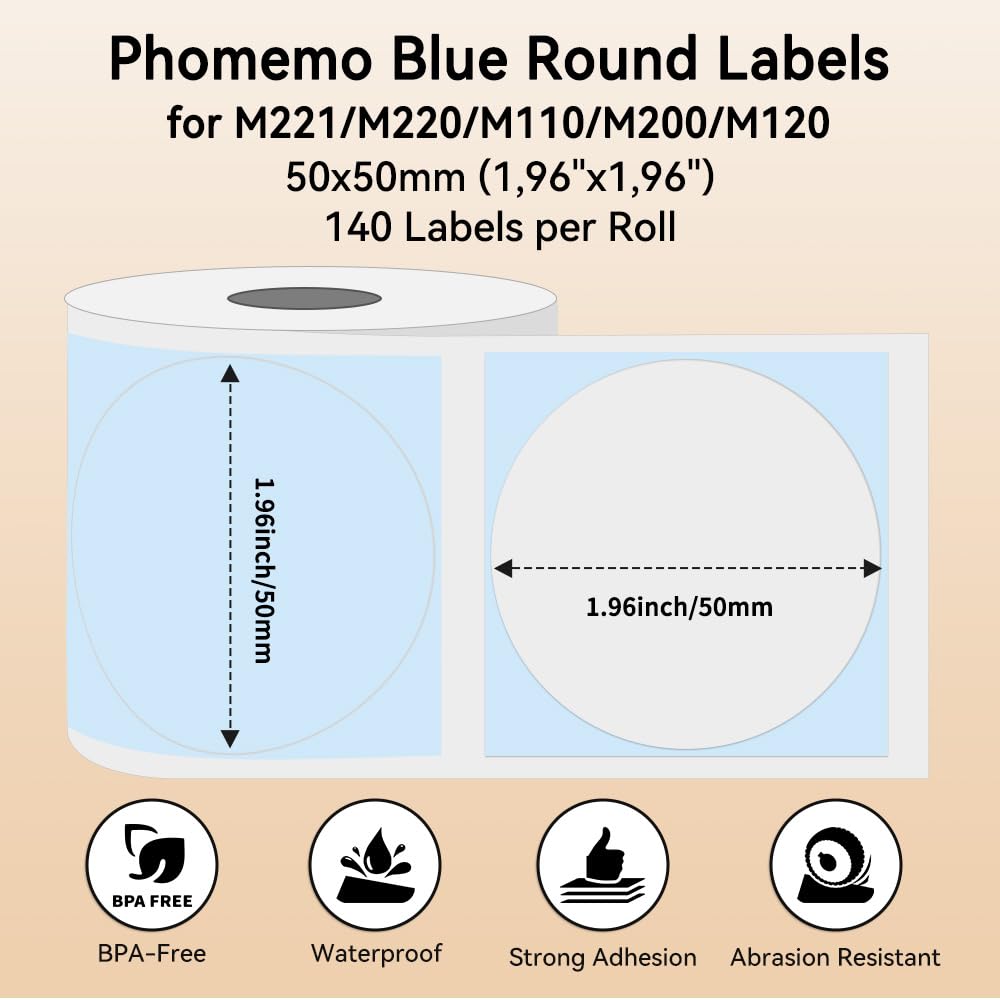 Phomemo Okr?g?e, kolorowe etykiety samoprzylepne 50 x 50 mm, papier termiczny do drukarek etykiet Phomemo M110/M221/M200/M120/M220, 140 etykiet w rolce (niebieskie)