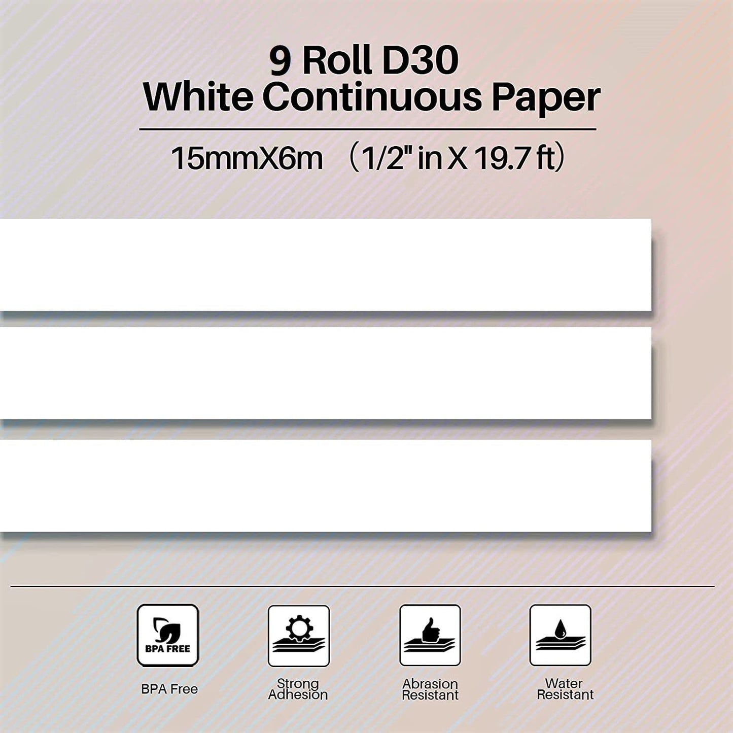 Phomemo 9 Roll D30 Adhesive White Continuous Thermal Label Paper 1/2 in X 20 Ft (15mm X 6m) Black on White, for Phomemo D30/D35 Label Maker