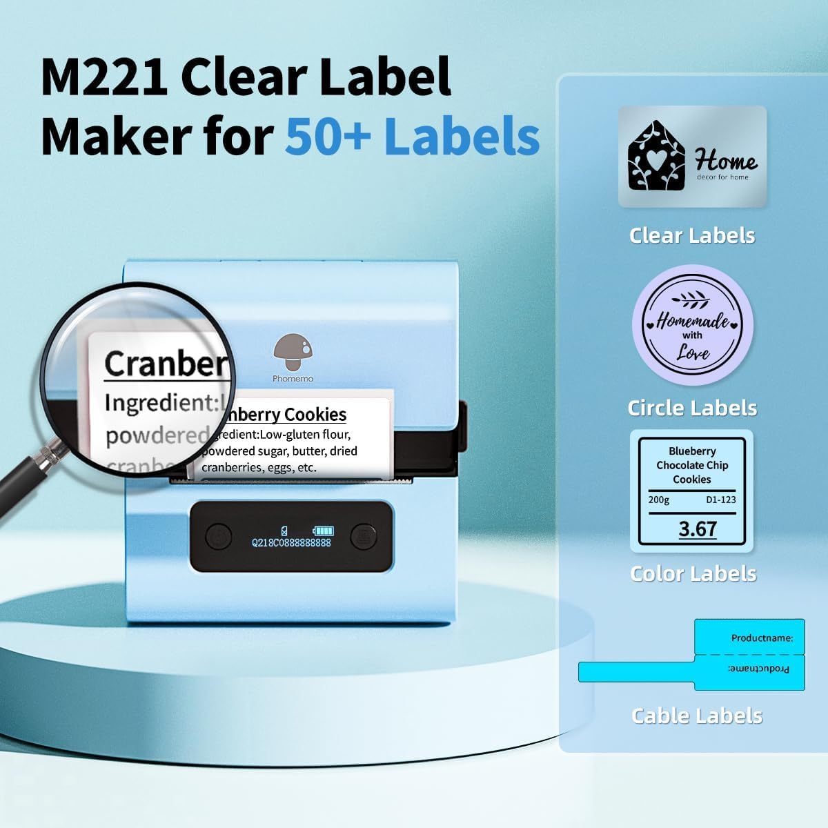 Phomemo Barcode Label Makers- M221 Label Printer 3 Inch Bluetooth Label Maker Machine with 3 Roll Label for Barcode, Address, Logo, Mailing, Stickers, Small Business, Home, Office, Blue