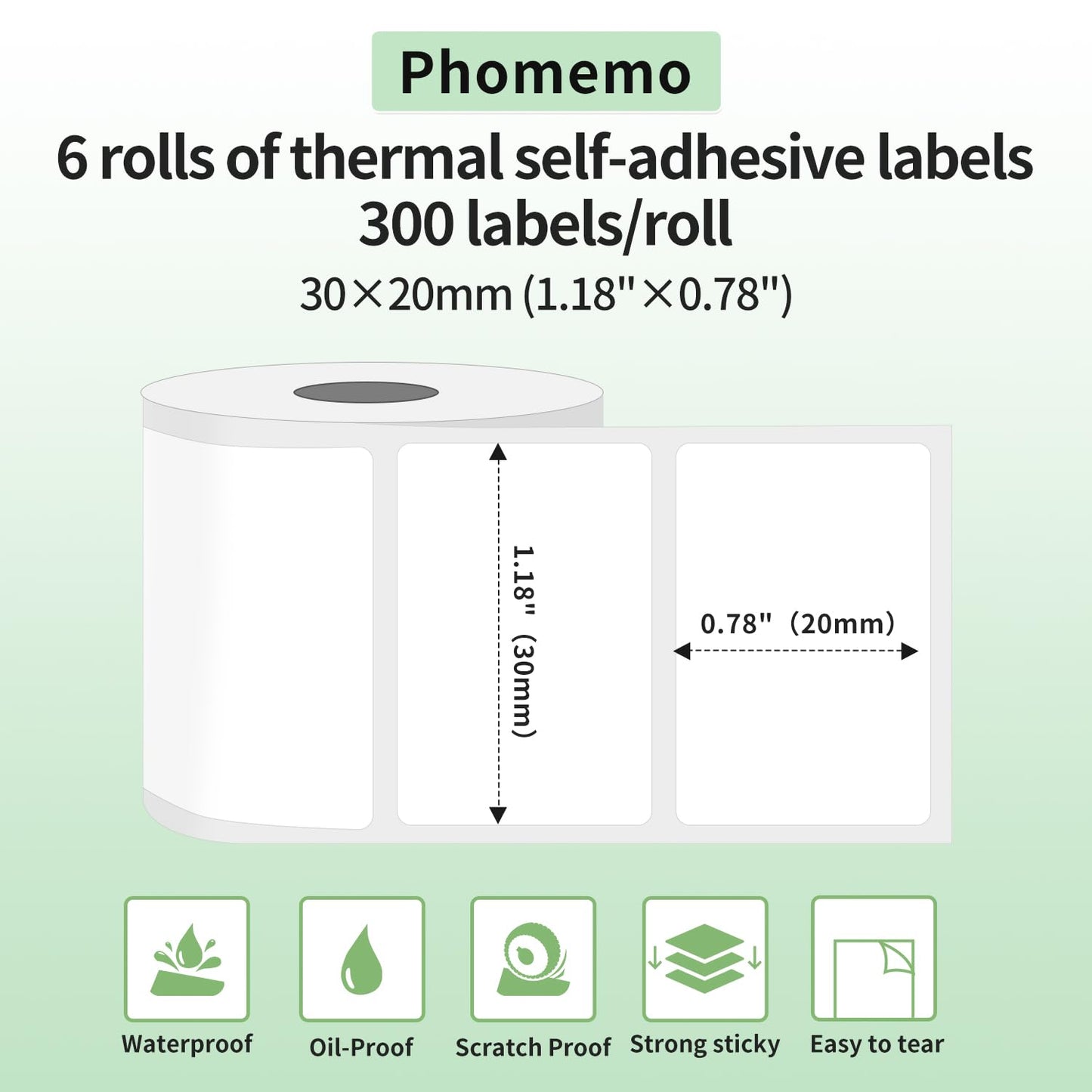 Phomemo 6 rotoli Etichette M110 Etichetta autoadesiva multifunzionale, 1.18''¡Á0.78''(30¡Á20mm), adatta per stampante etichette Phomemo M110 M200 M120 M220 M221, 320 etichette/rotolo,6 rotoli