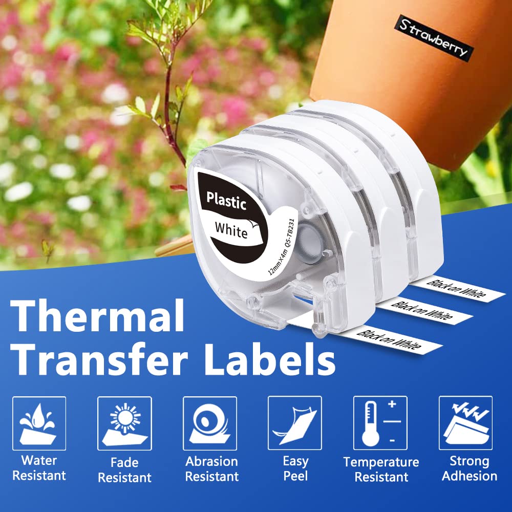 5x Phomemo P12 Etikettenband Kompatible für Dymo Letratag Etikettenband 12mm x 4m, Thermotransfer-Etiketten Weiß auf Klar Q5-135 Haltbar Hitzebeständig Kompatibel mit Dymo LetraTag LT-100H XR LT-100T
